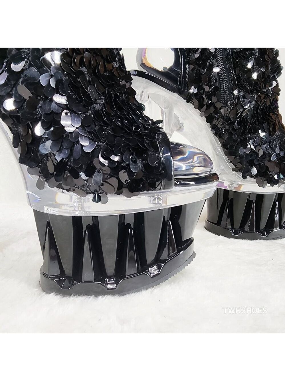 Pleaser Spiky Black Sequin Knee Boots Spiked Design Platform - Picture 10 of 12